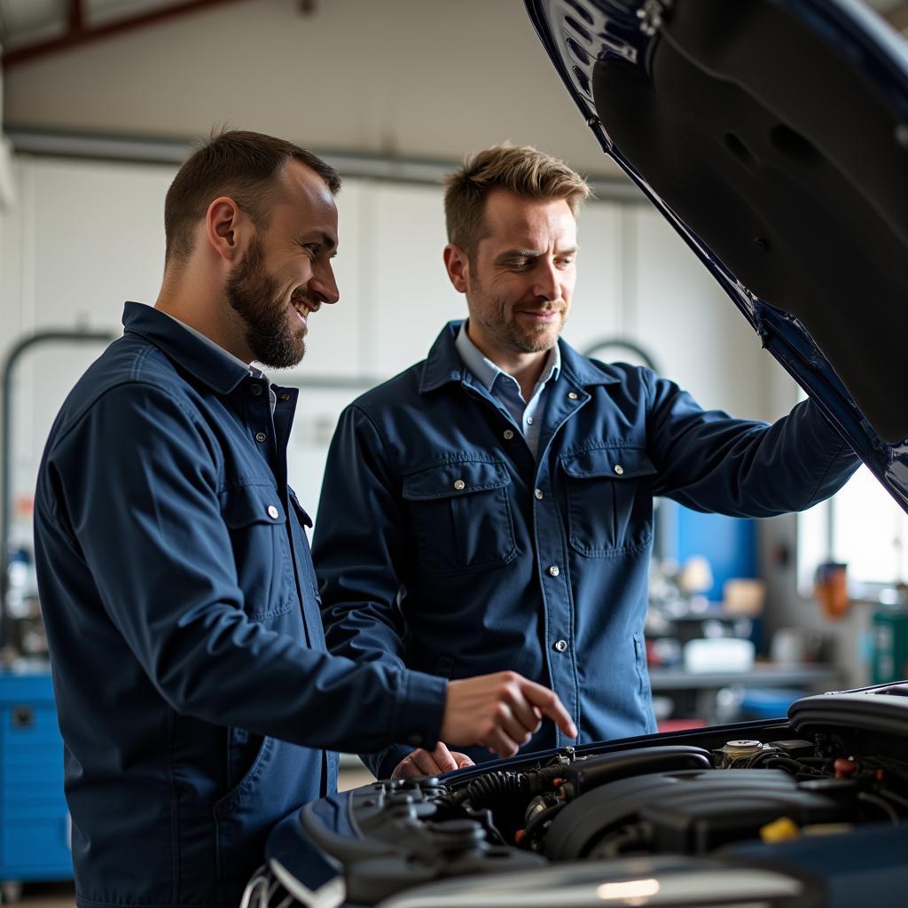 Car Owner Consulting with Mechanic in a Garage