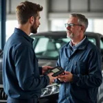 Car Owner Discussing Repair with Mechanic in Vadodara