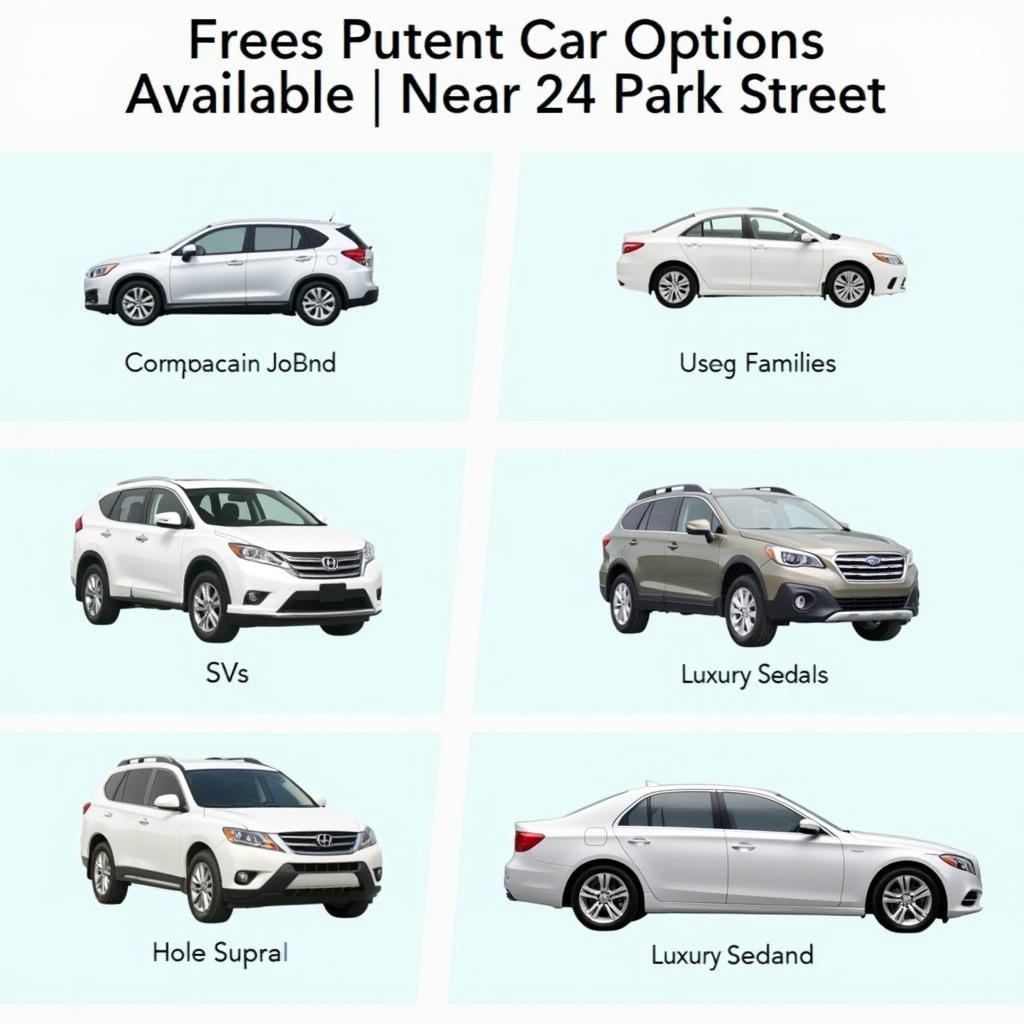 Car rental options near 24 Park Street showcasing a variety of vehicles, from compact cars to SUVs