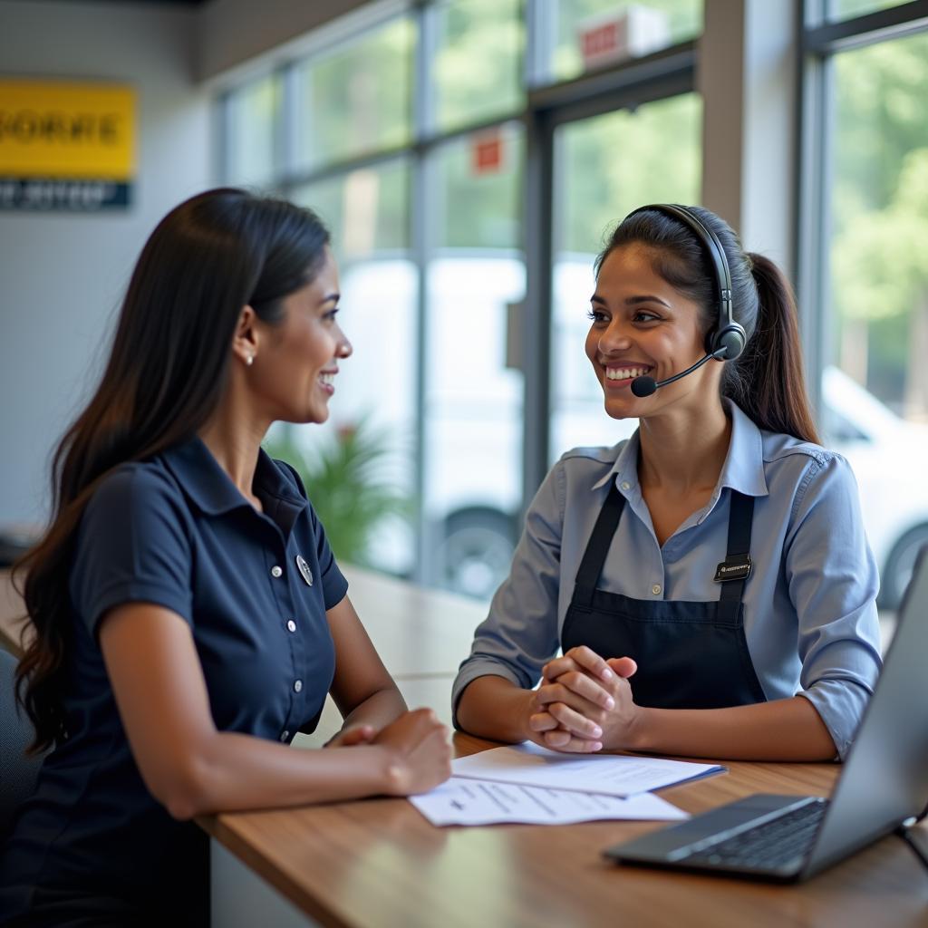 Friendly Customer Service Representative Assisting a Customer in a Car Service Center near Parvathy Nagar