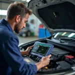 Experienced mechanic diagnosing a car problem using diagnostic tools in Kolkata.