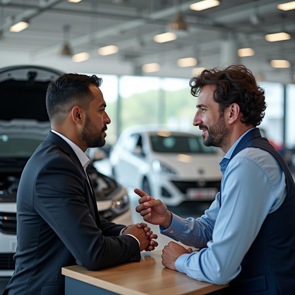 Car service advisor consulting with a customer in Hyderabad in 2019