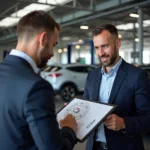 Car service advisor explaining repair options to a customer