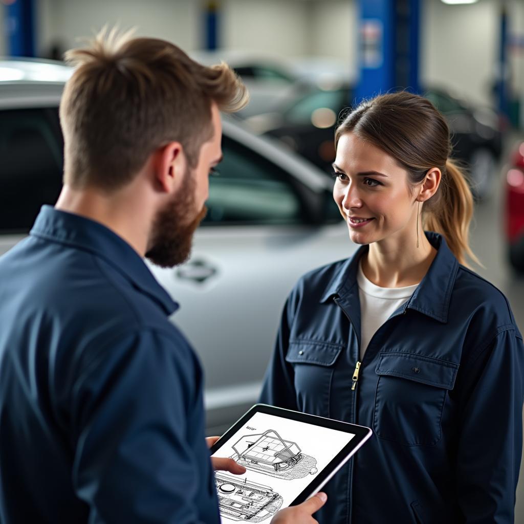 Car Service Advisor Explaining Repair to Customer