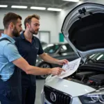 Car service advisor explaining repair to customer