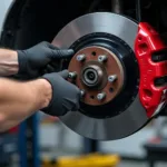 Mechanic Inspecting Brake Pads During Car Service