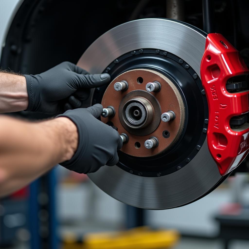 Mechanic Inspecting Brake Pads During Car Service