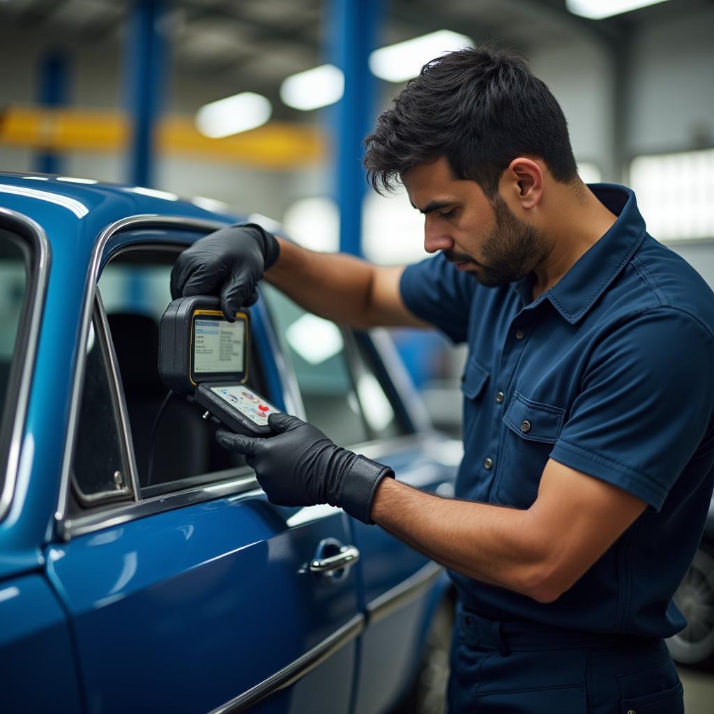 Mechanic inspecting a car in a Calcutta service center