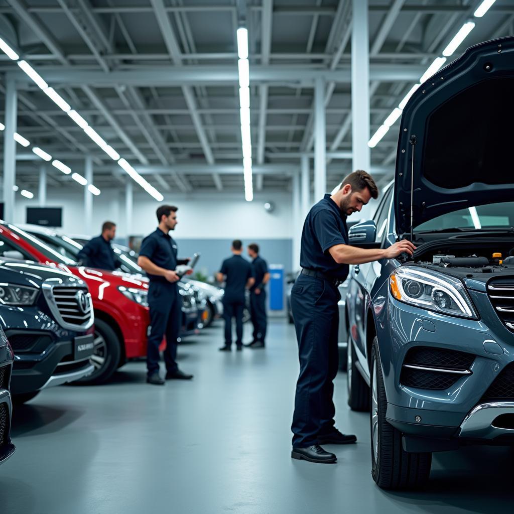 Modern Car Service Center with Technicians Working