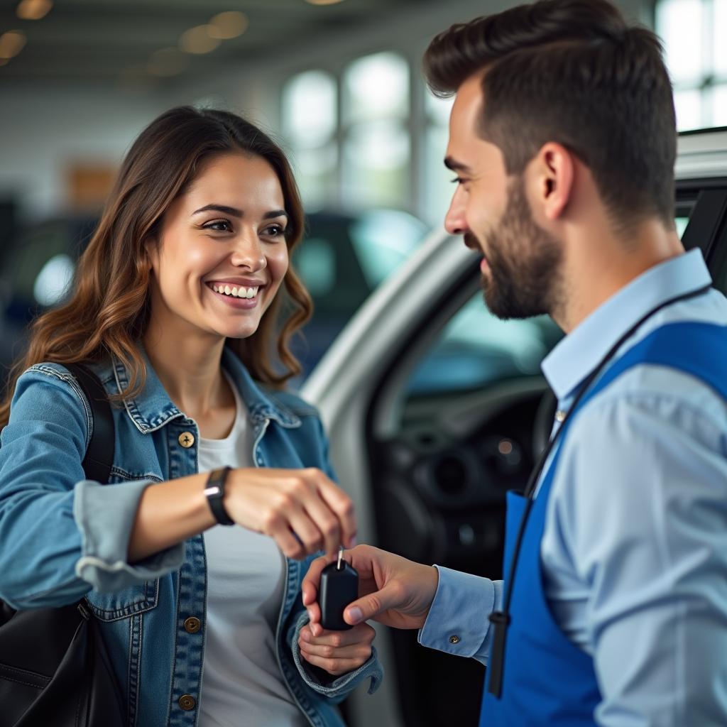 Happy Customer Receiving Car Keys from a Service Advisor