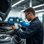 Technician Diagnosing a Vehicle in Hulmale Car Service Center