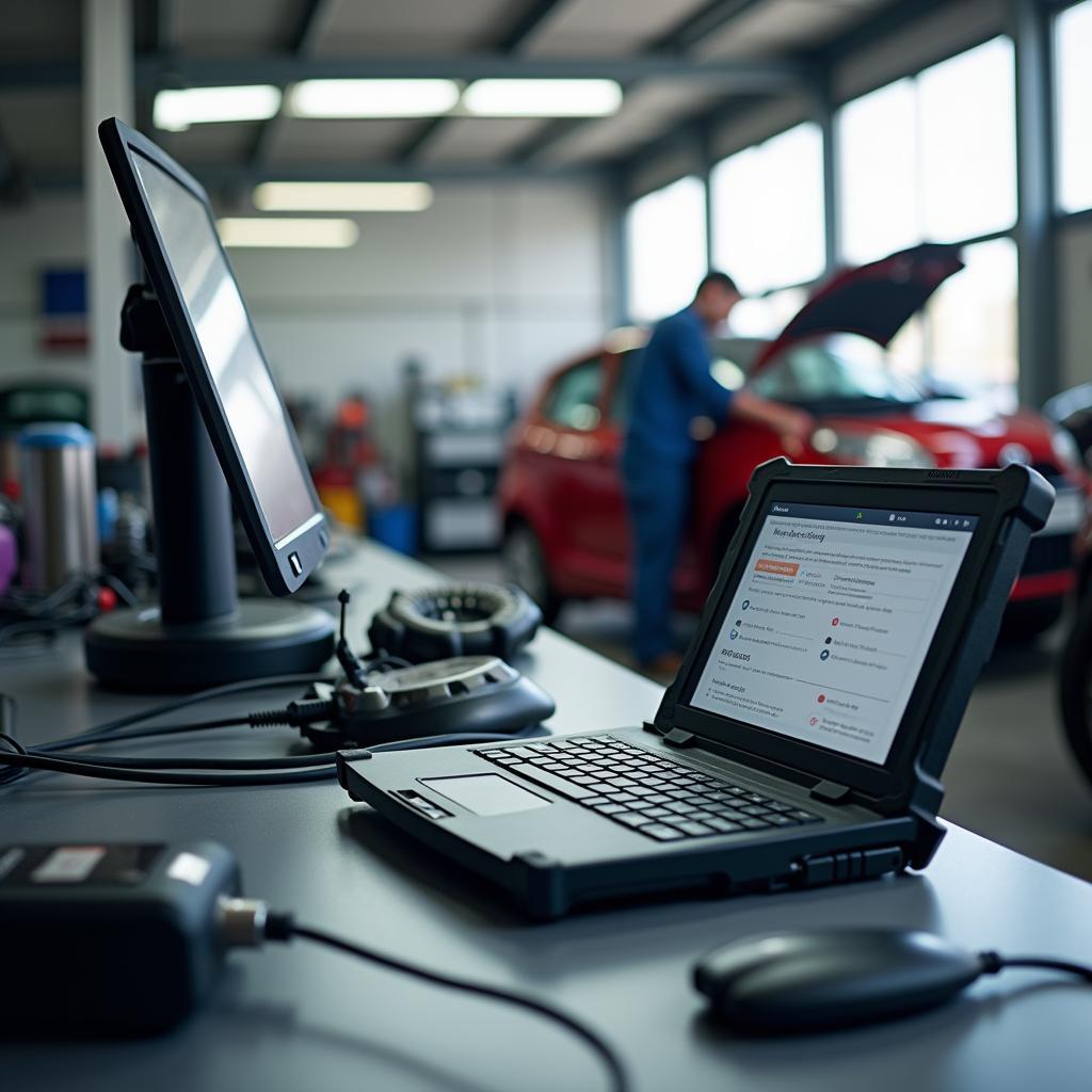 Car Service Center Interior: A clean and organized workspace with diagnostic equipment