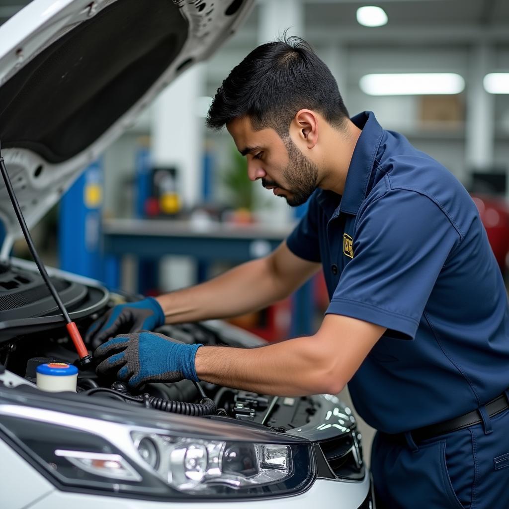 Mechanic working on a car engine in a car service center located on Karur Road, Trichy