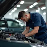 Experienced Mechanic Working on a Car Engine in a Service Center