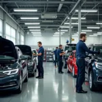 Mechanics working diligently in a modern car service center