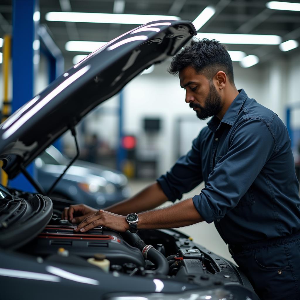 Mechanic Working on a Car in a Service Center Near Parvathy Nagar