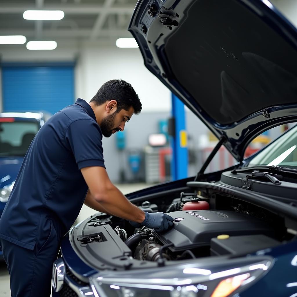 Mechanic Checking Engine at Car Service Center in Pimple Saudagar