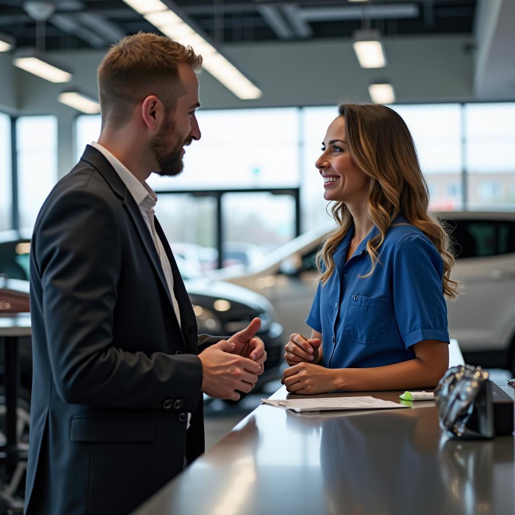 Customer talking to a service advisor at the reception area of a car service center.