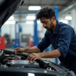 Mechanic working on a car engine in a Selaiyur car service center