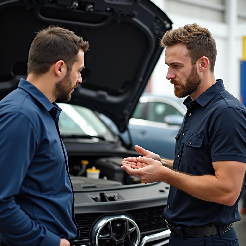 Car Service Center Technician Explaining Repair to Customer