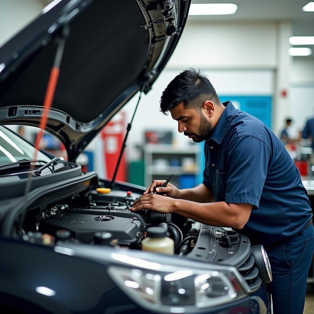 Mechanic Working on a Car Engine in a Trichy Car Service Center