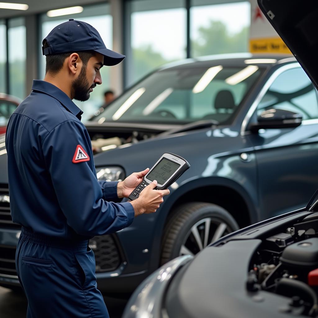 Car service centre technician inspecting a vehicle in Malad near Oberoi Mall.