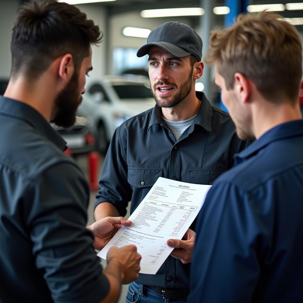 Car Service Costs in Wellingborough -  A mechanic explaining the repair costs to a customer with a transparent and detailed invoice.