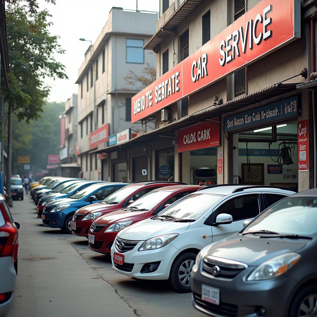 Exterior of a busy car service center in Delhi