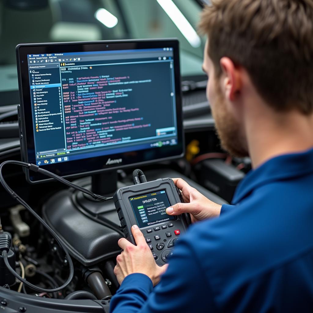 Technician using diagnostic equipment on a car