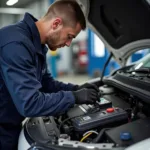 Mechanic Checking Car Engine during Service