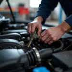 Technician performing an oil change in a Jaipur car service centre