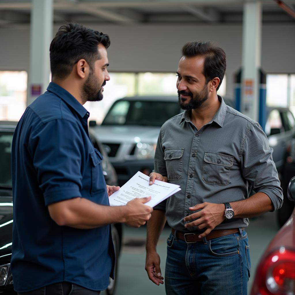 Customer discussing car repairs with a mechanic in Jhansi