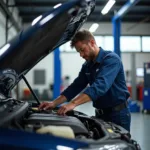 Mechanic working on a car engine in a modern car service center