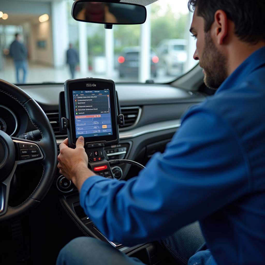 Diagnostic check being performed on a car in a Malad service centre near Oberoi Mall.