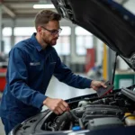 Mechanic checking car engine during service