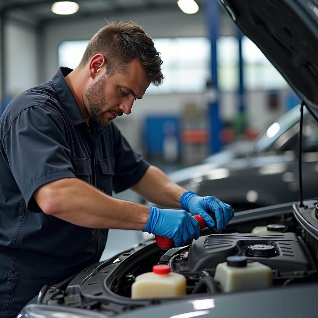 Car Service: Mechanic Checking Fluids