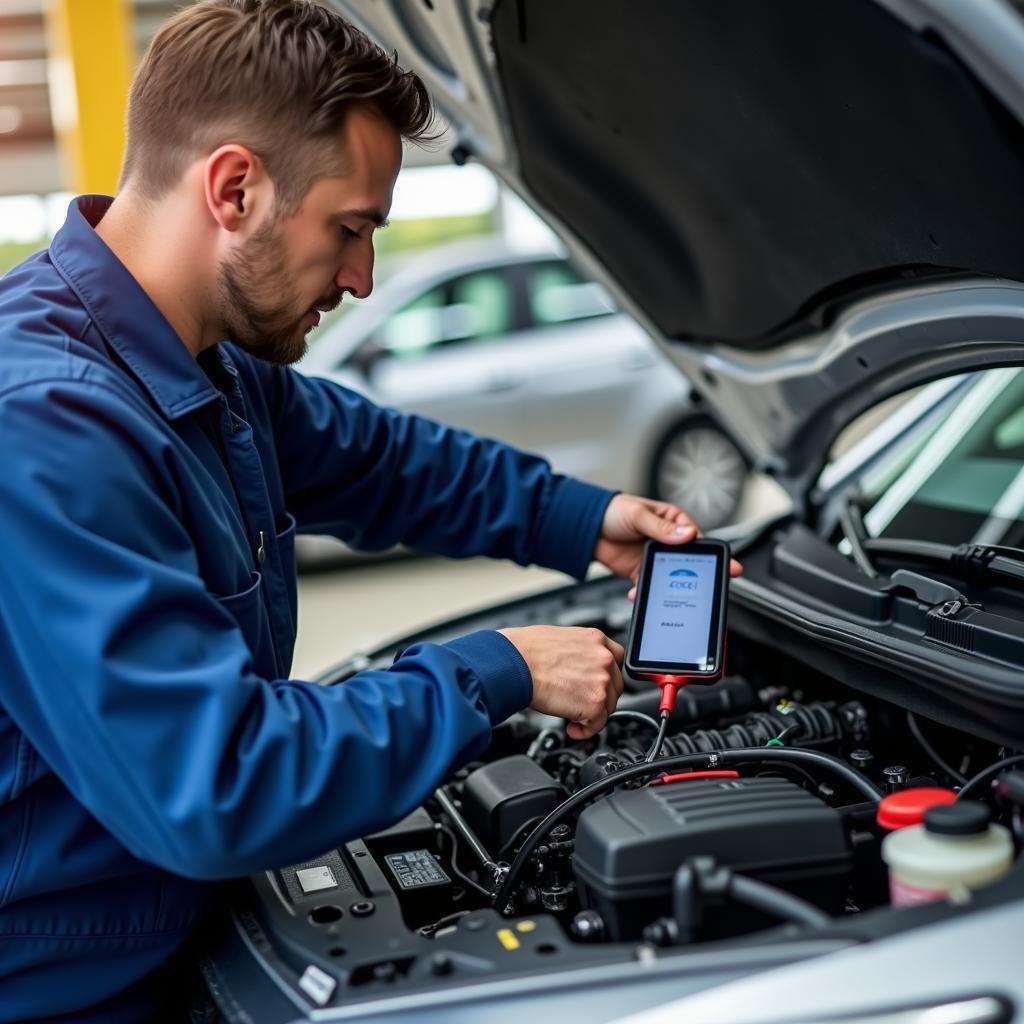 Car Service Mechanic Performing Inspection