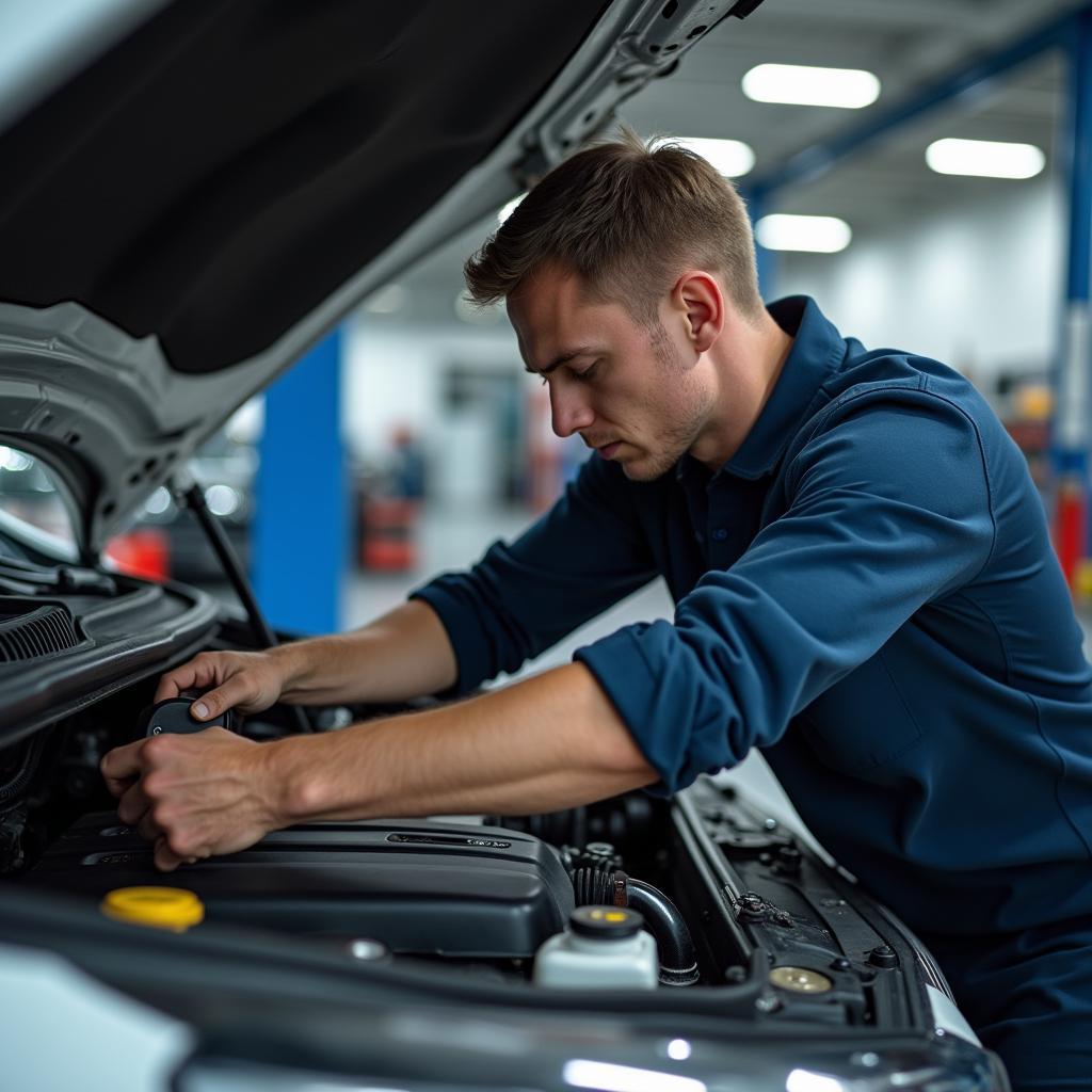 Car Service Mechanic Performing Repairs