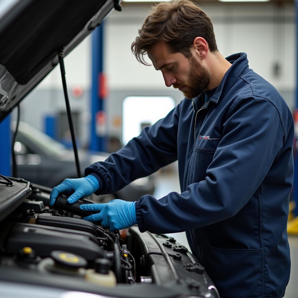 Mechanic Checking Engine in Oakville Car Service Shop