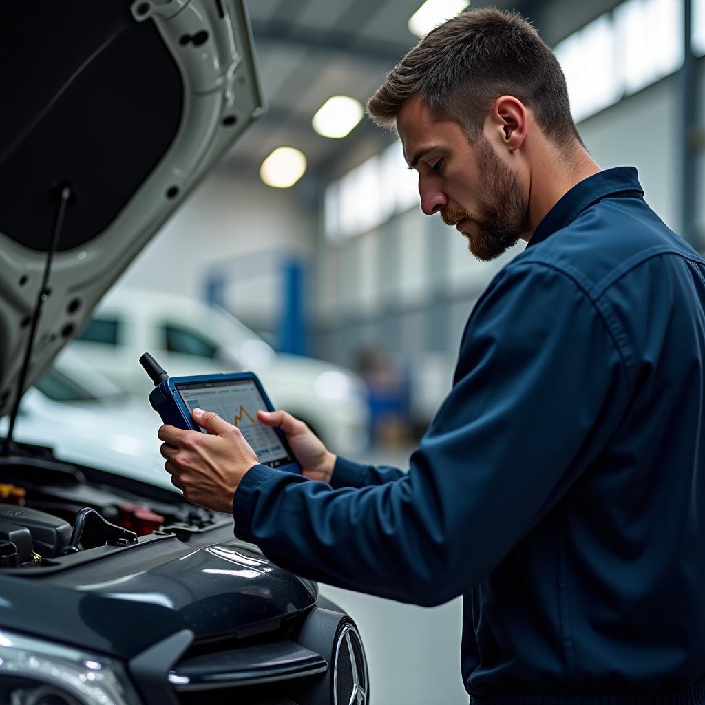 Car Service Person On Call Vector: Mechanic Using Diagnostic Tools