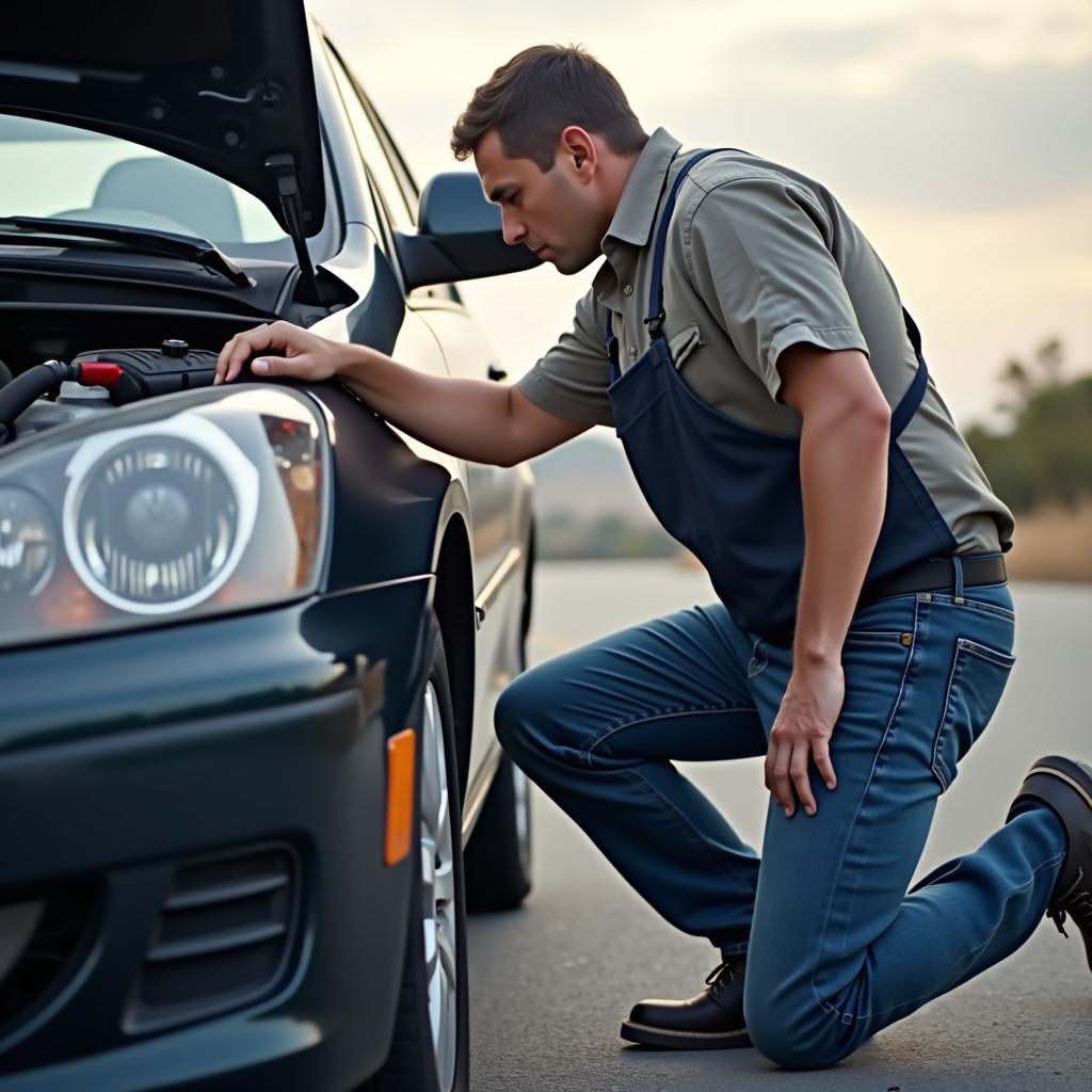 Car Service Person On Call Vector: Roadside Assistance in Action