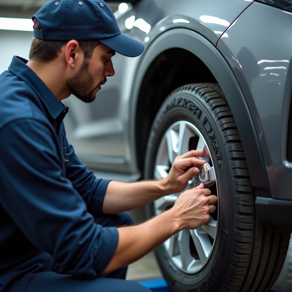 Car Service Technician Checking Tires in Pimple Saudagar