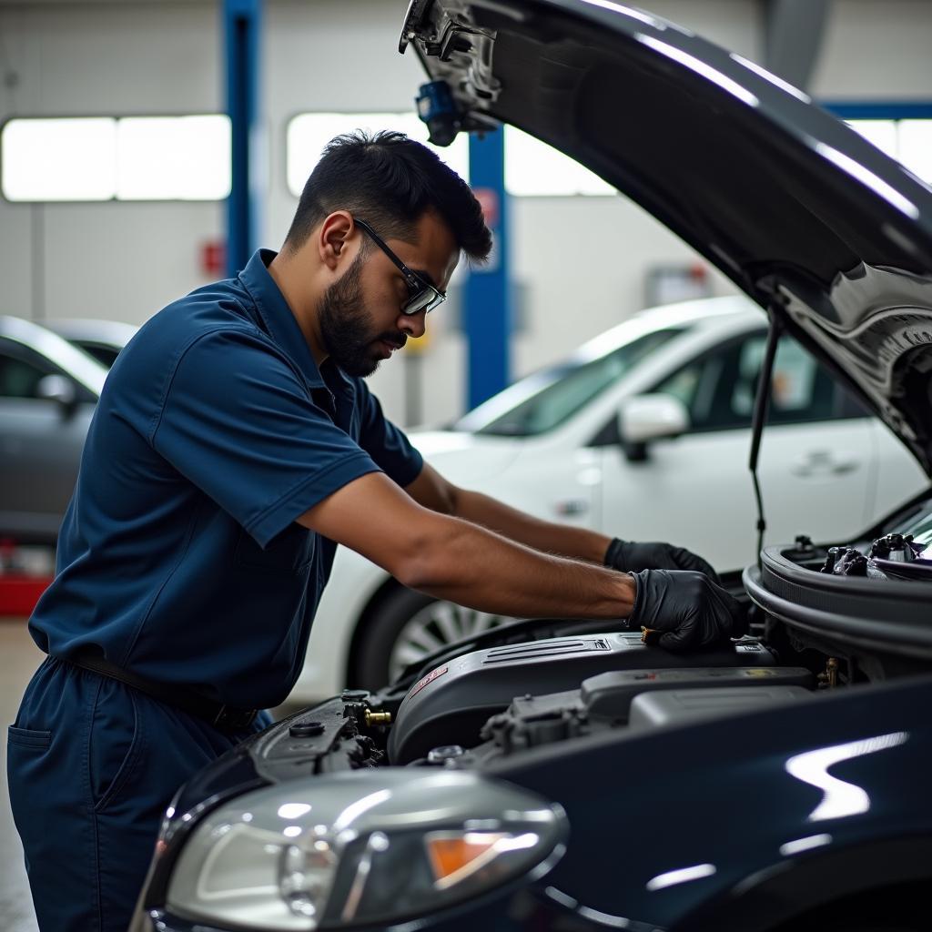 Mechanic working on a car at a service point in Ghatakpukur