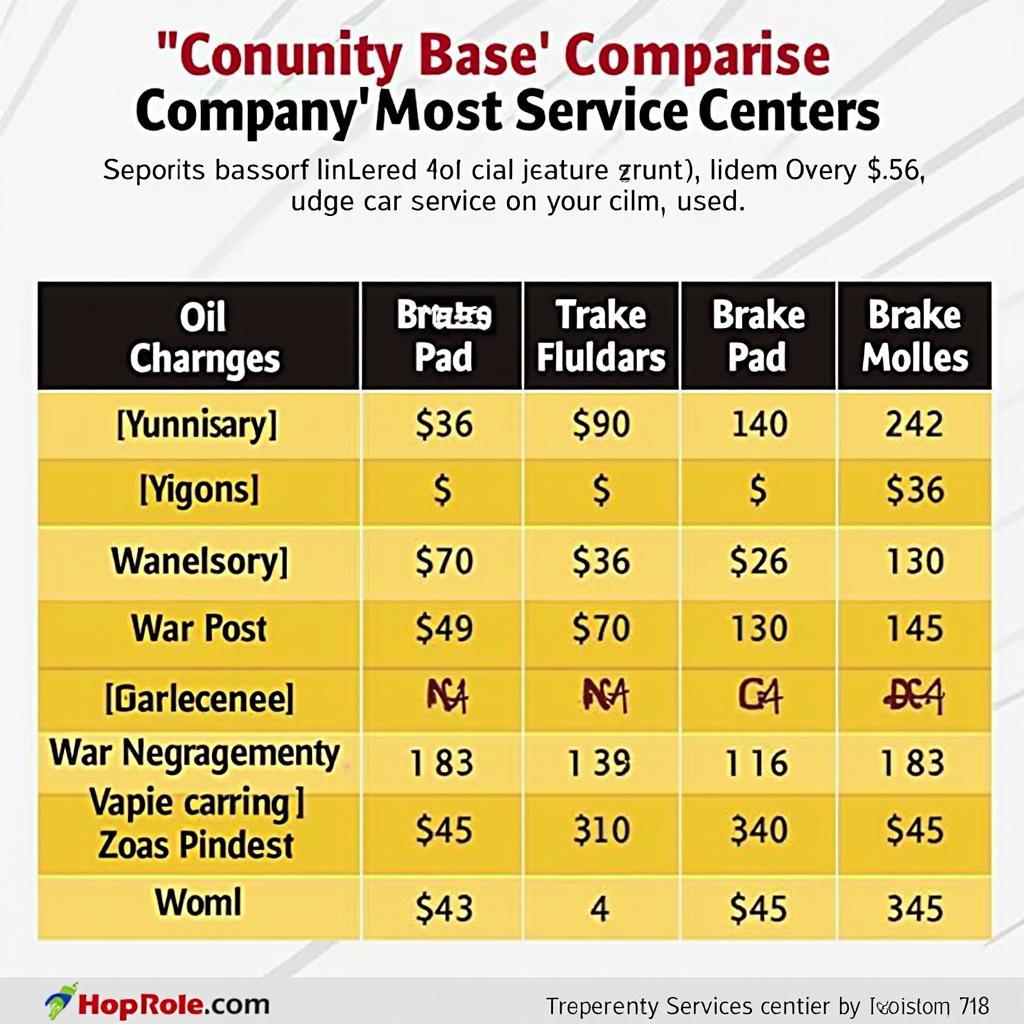 Car Service Price Comparison Chart in Sector 56