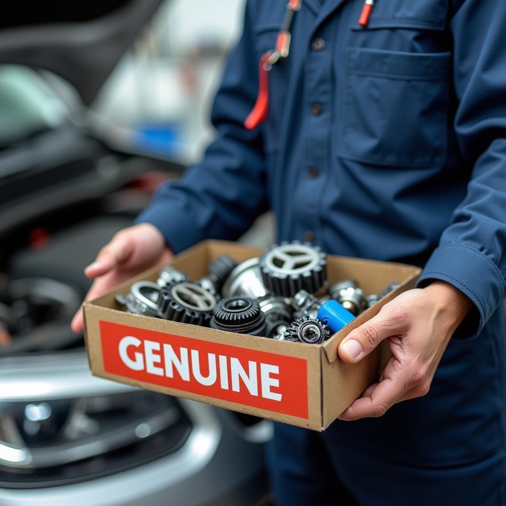 Mechanic holding genuine car parts in a Raipur service centre