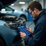 Car Service Specialist Using Digital Tools for Diagnostics