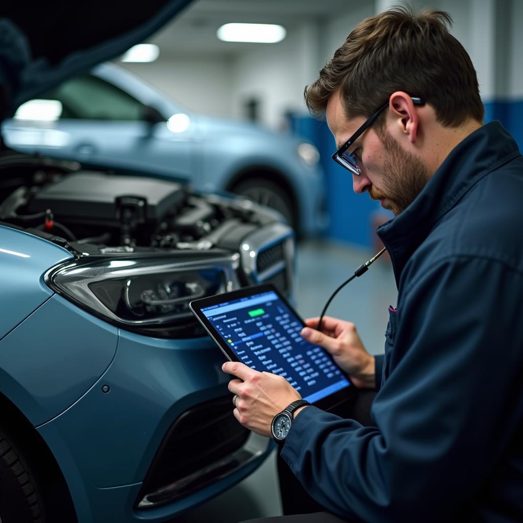 Car Service Specialist Using Digital Tools for Diagnostics