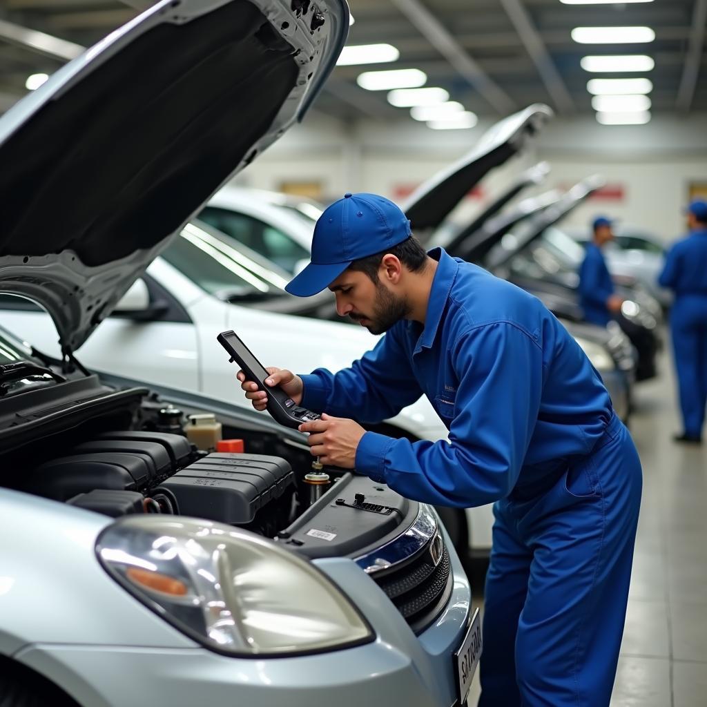 Mechanic checking car engine at a service station in Chandigarh