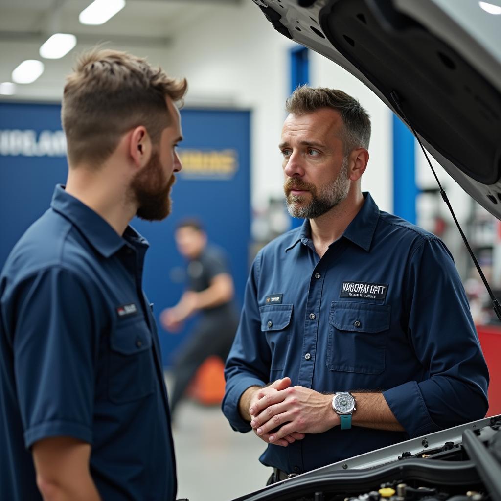 Customer Discussing Car Issues with a Mechanic