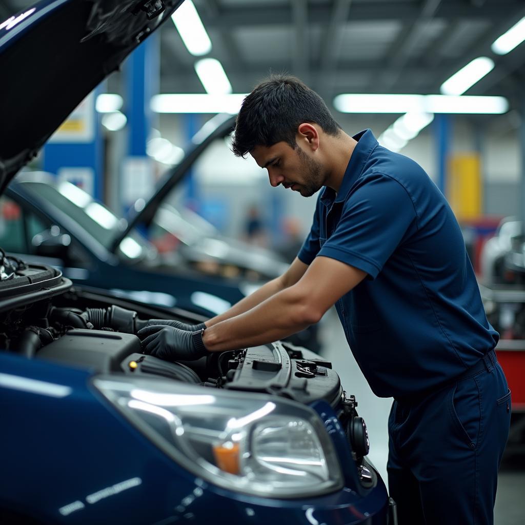 Mechanic working on a car in a service station near Uttam Nagar